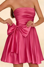 Elly Hot Pink Satin Strapless Mini Dress With Bow