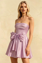 Elly Lilac Satin Strapless Mini Dress With Bow