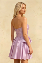 Elly Lilac Satin Strapless Mini Dress With Bow