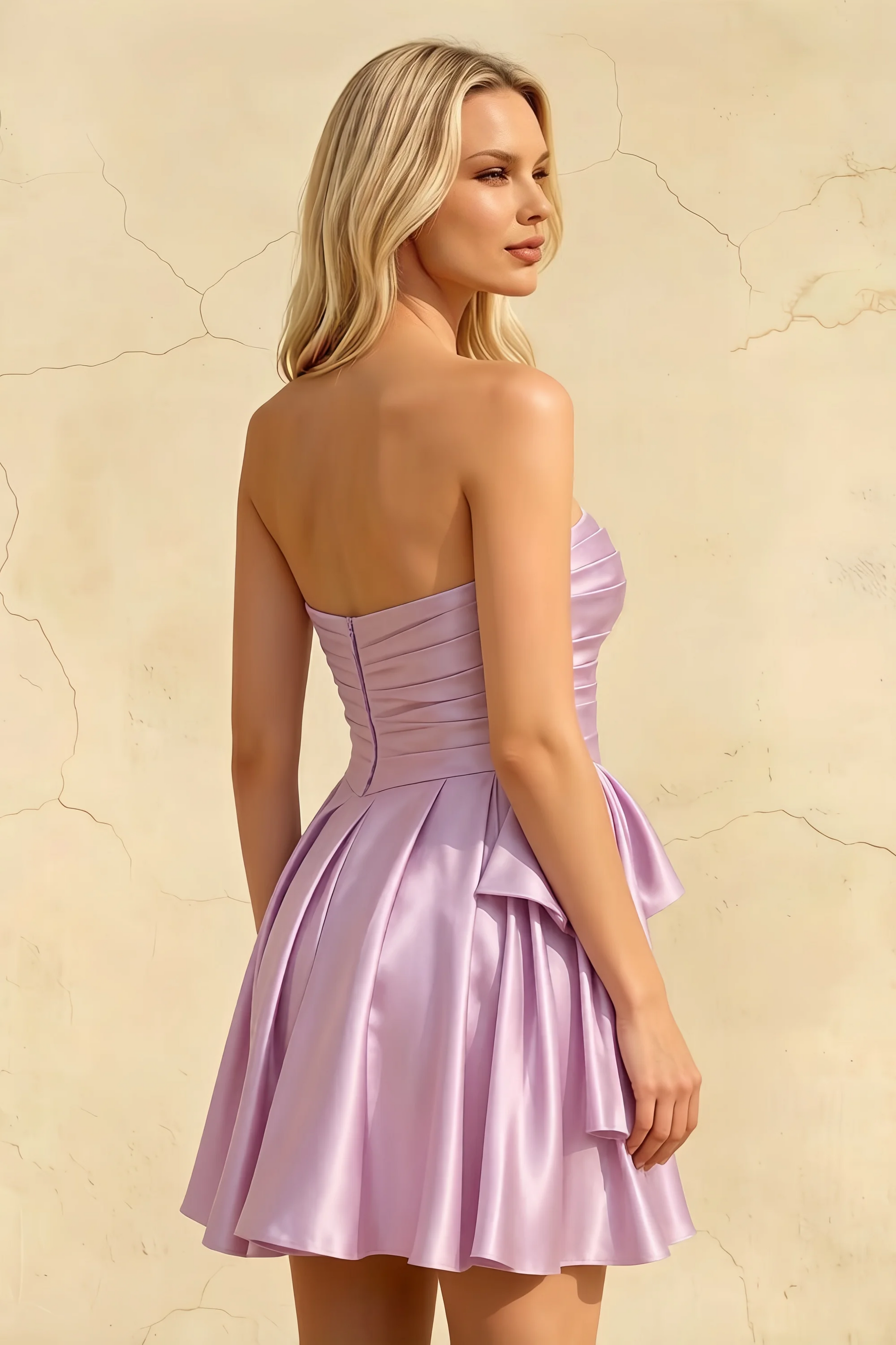 Elly Lilac Satin Strapless Mini Dress With Bow
