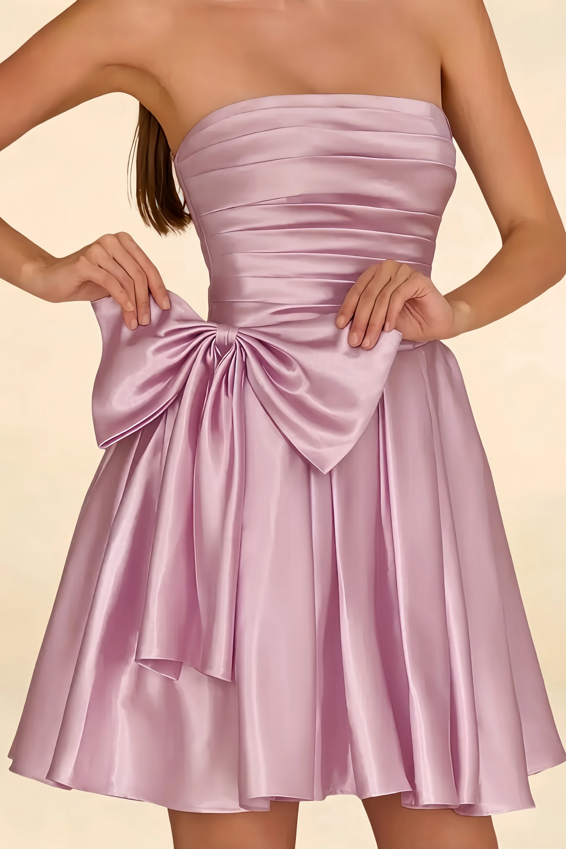 Elly Lilac Satin Strapless Mini Dress With Bow