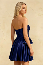 Elly Navy Satin Strapless Mini Dress With Bow