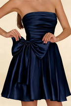 Elly Navy Satin Strapless Mini Dress With Bow