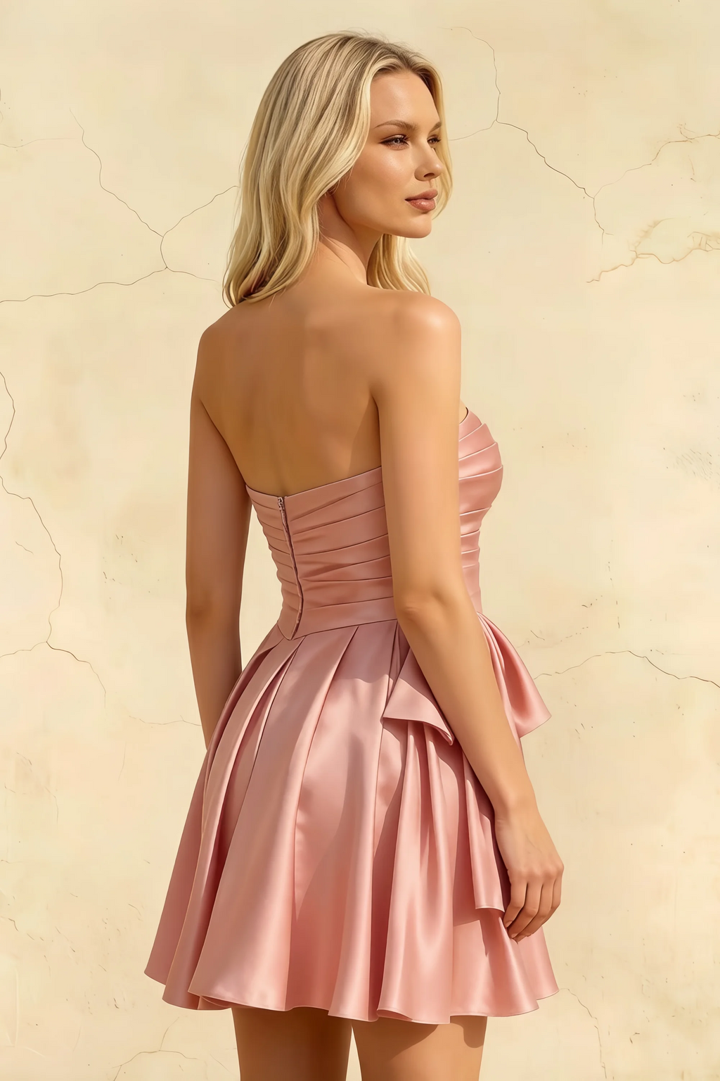 Elly Pink Satin Strapless Mini Dress With Bow