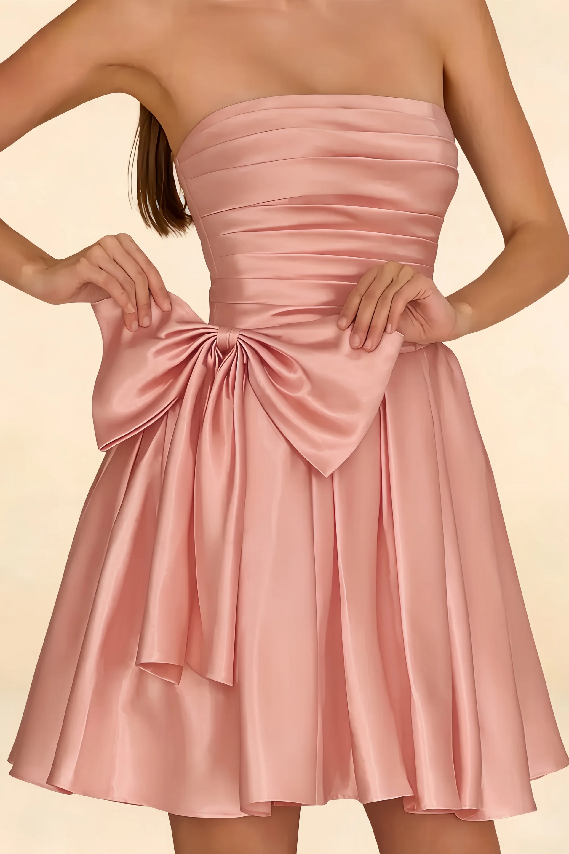 Elly Pink Satin Strapless Mini Dress With Bow