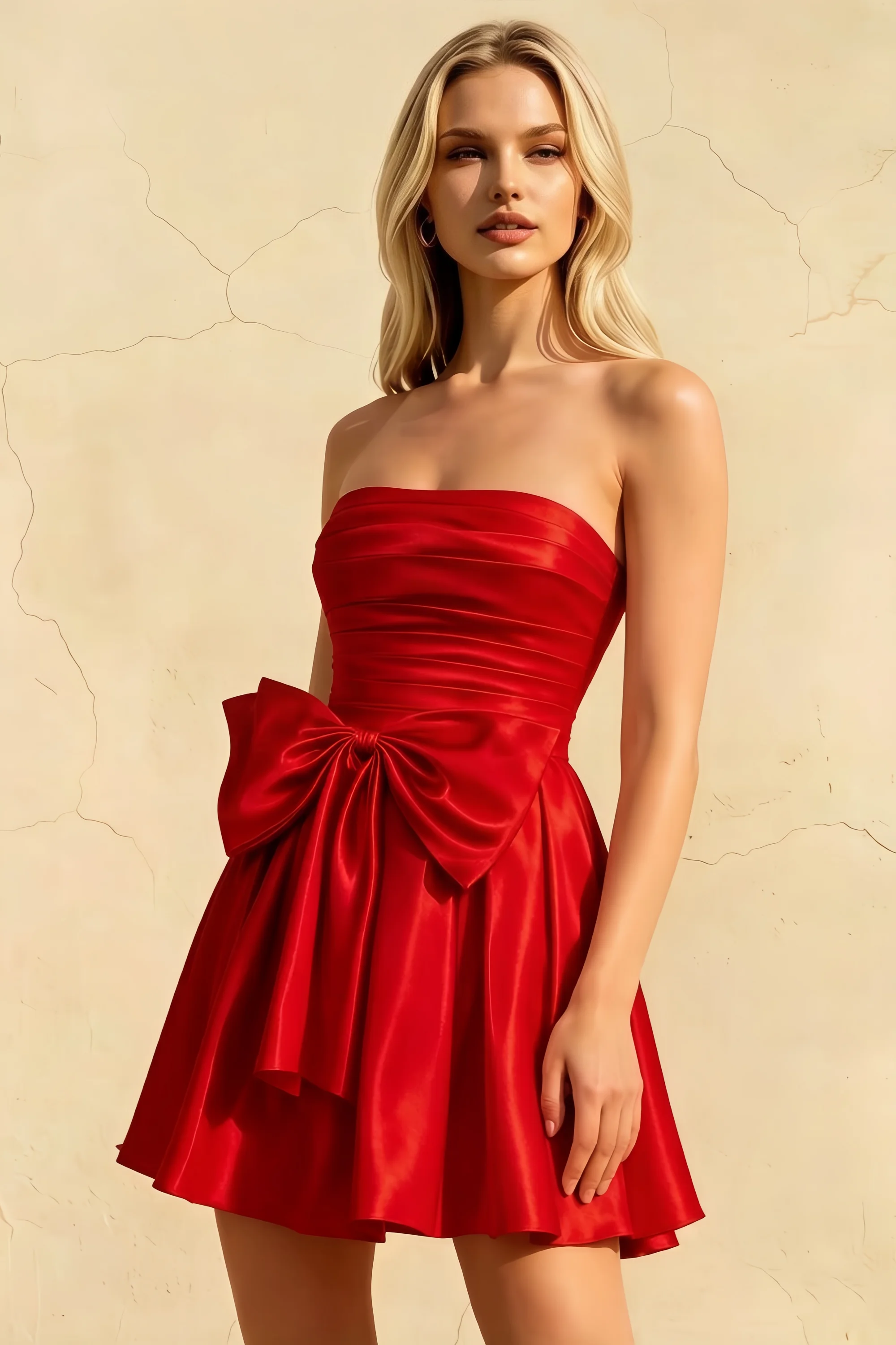 Elly Red Satin Strapless Mini Dress With Bow