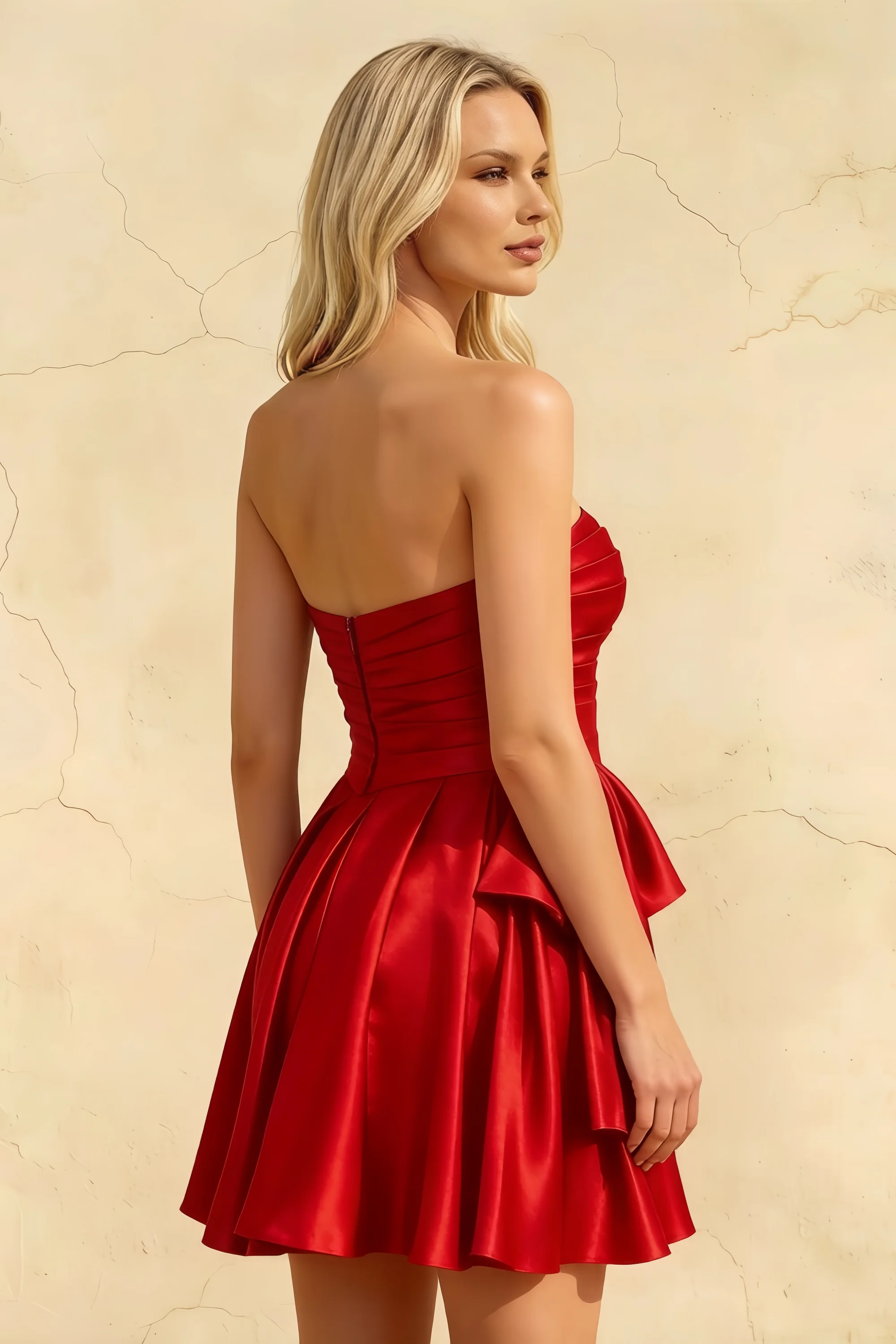 Elly Red Satin Strapless Mini Dress With Bow