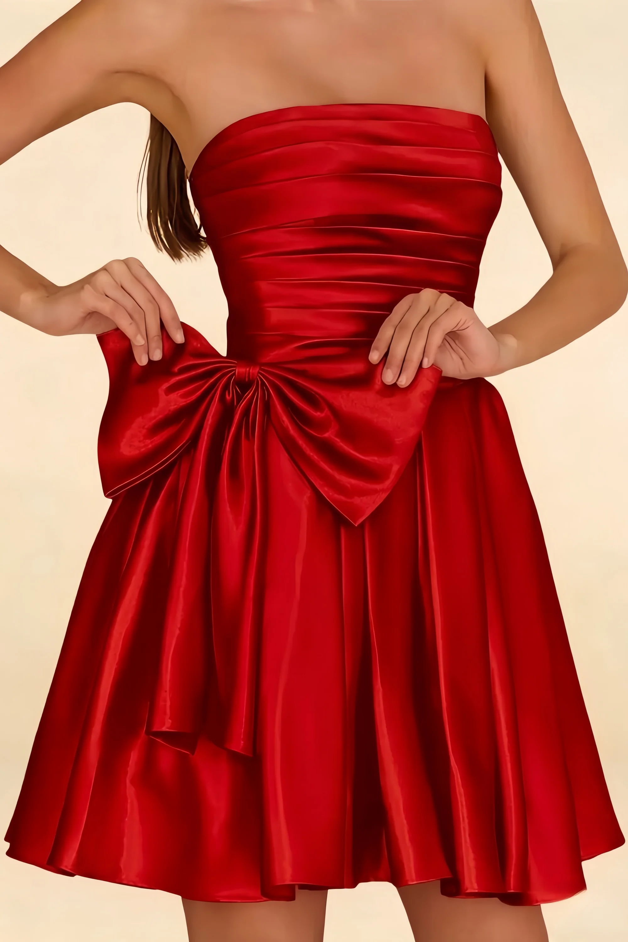 Elly Red Satin Strapless Mini Dress With Bow