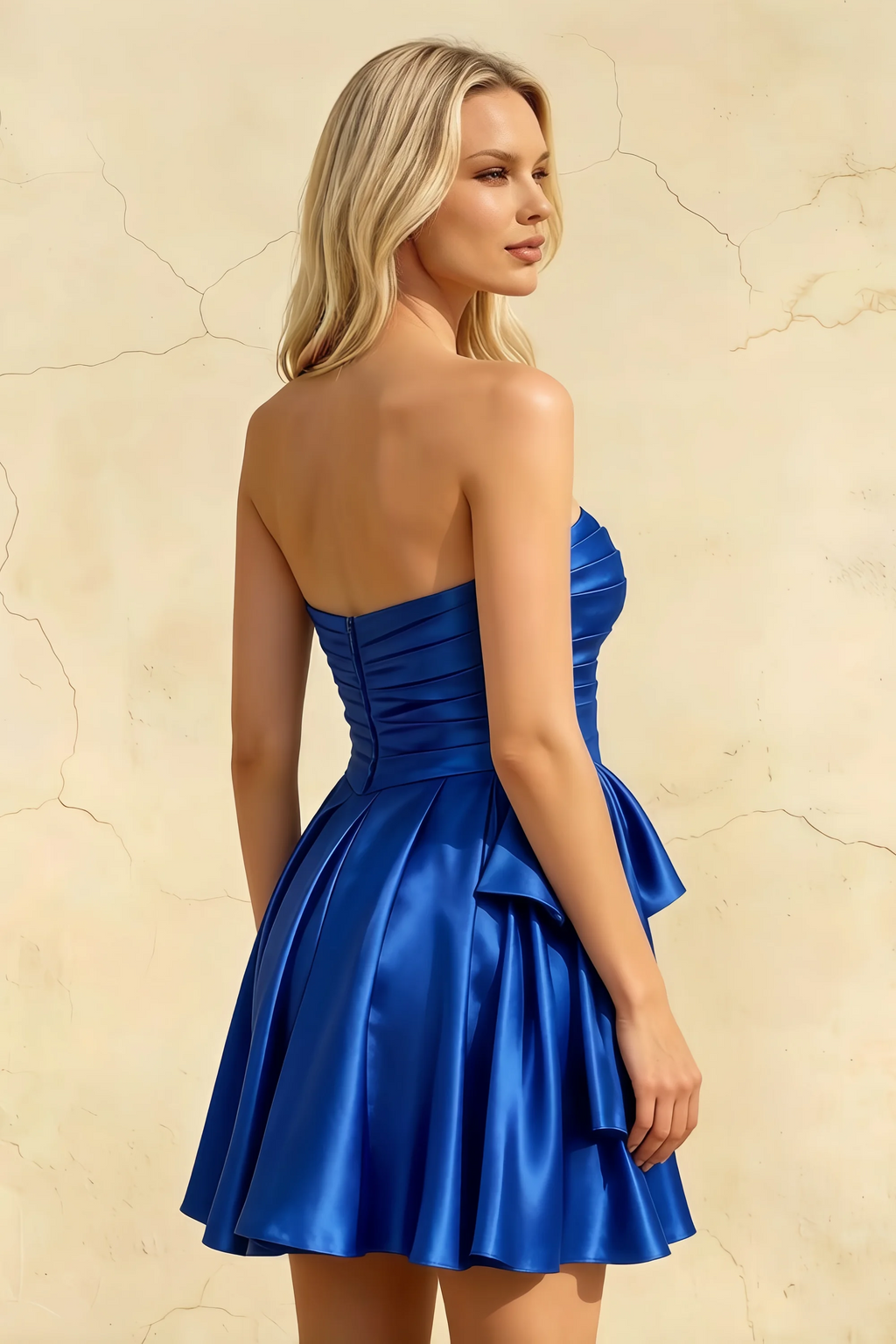 Elly Royal Blue Satin Strapless Mini Dress With Bow
