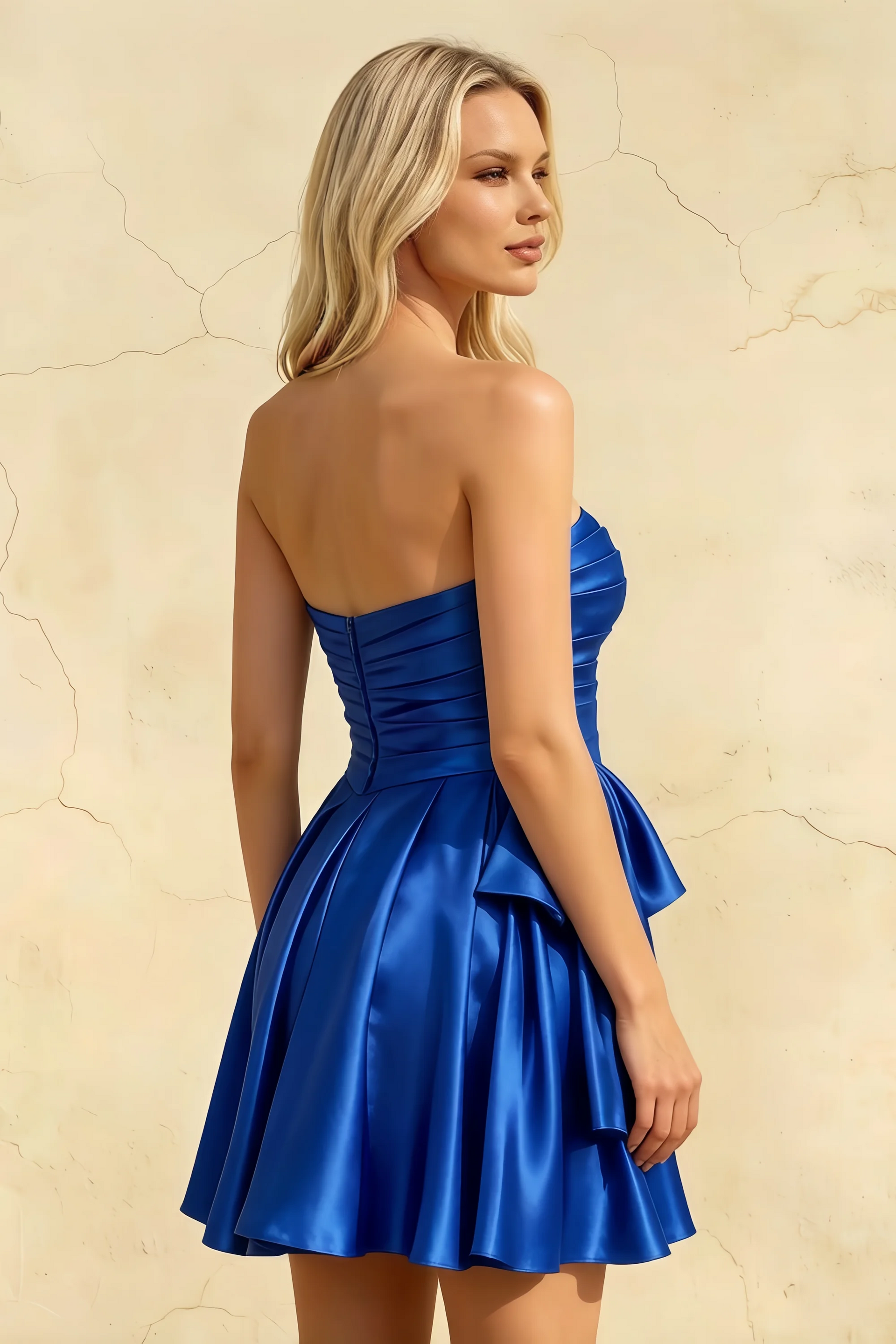 Elly Royal Blue Satin Strapless Mini Dress With Bow