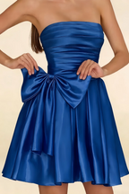 Elly Royal Blue Satin Strapless Mini Dress With Bow