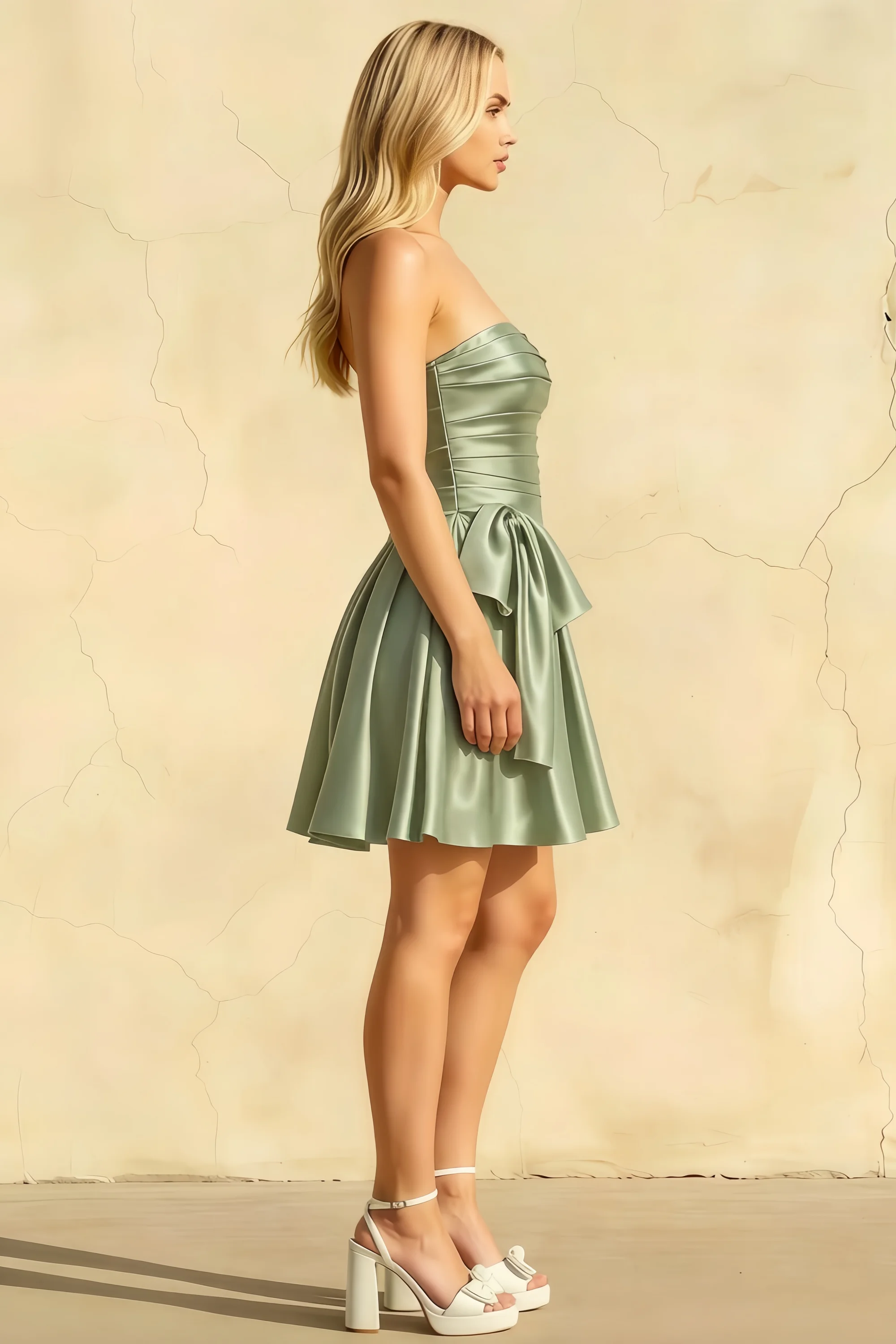 Elly Sage Green Satin Strapless Mini Dress With Bow Secondary image