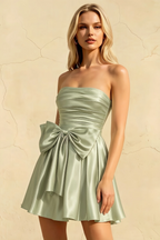Elly Sage Green Satin Strapless Mini Dress With Bow