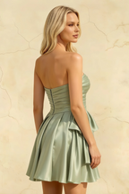 Elly Sage Green Satin Strapless Mini Dress With Bow