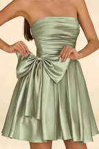 Elly Sage Green Satin Strapless Mini Dress With Bow