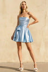 Elly Sky Blue Satin Strapless Mini Dress With Bow