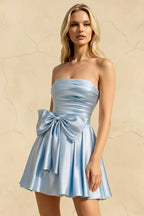 Elly Sky Blue Satin Strapless Mini Dress With Bow
