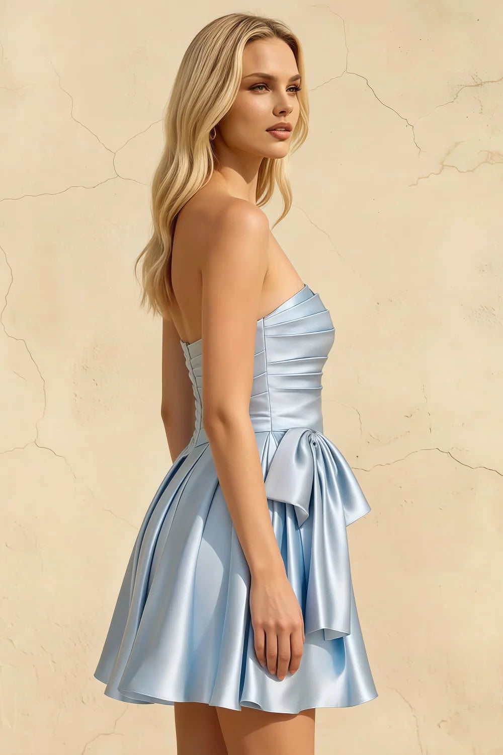 Elly Sky Blue Satin Strapless Mini Dress With Bow