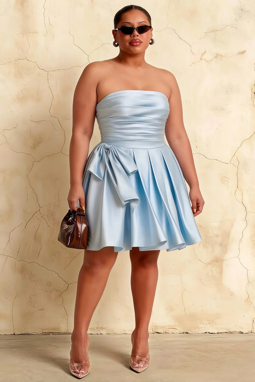 Elly Sky Blue Satin Strapless Mini Dress With Bow