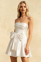 Elly White Satin Strapless Mini Dress With Bow