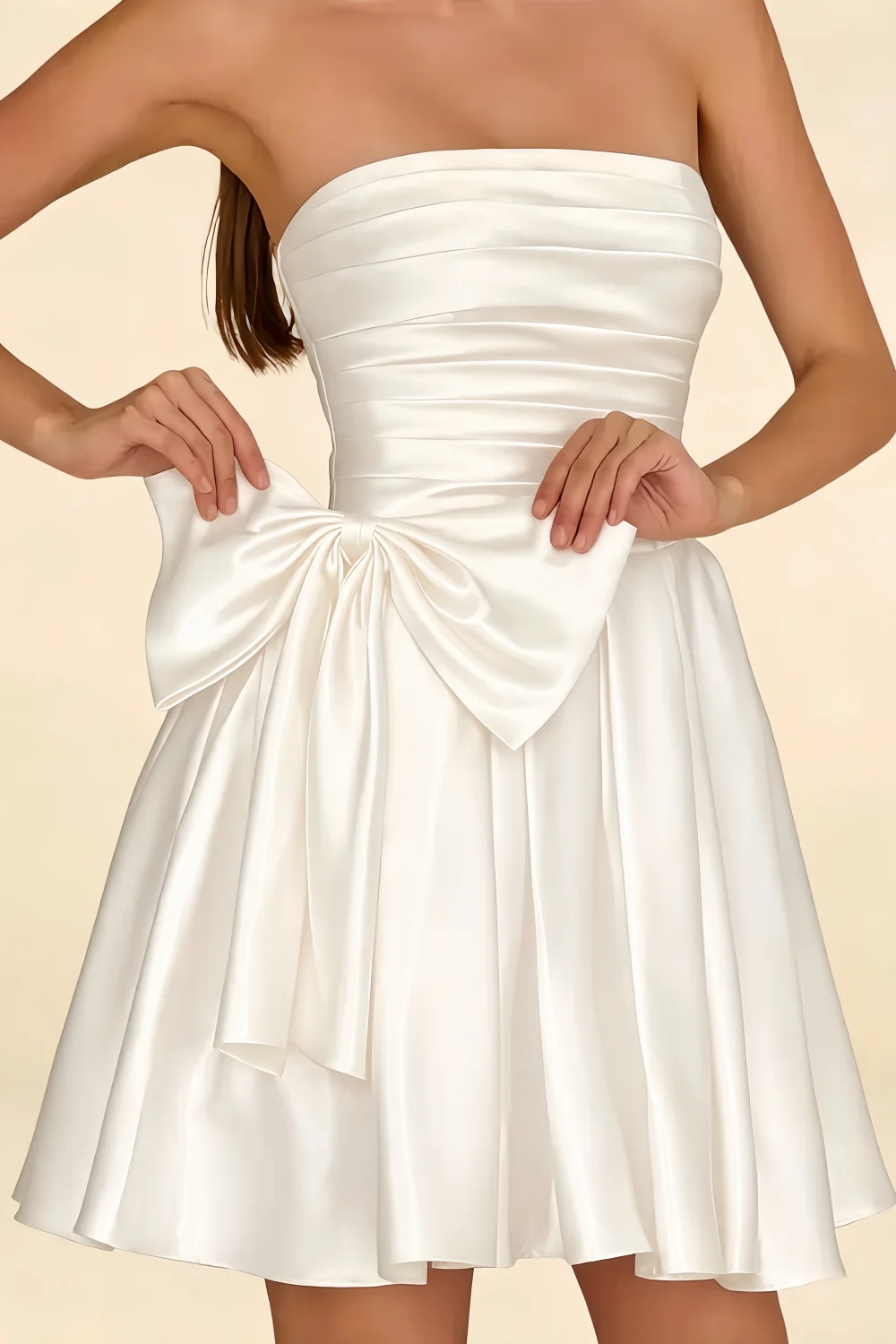 Elly White Satin Strapless Mini Dress With Bow