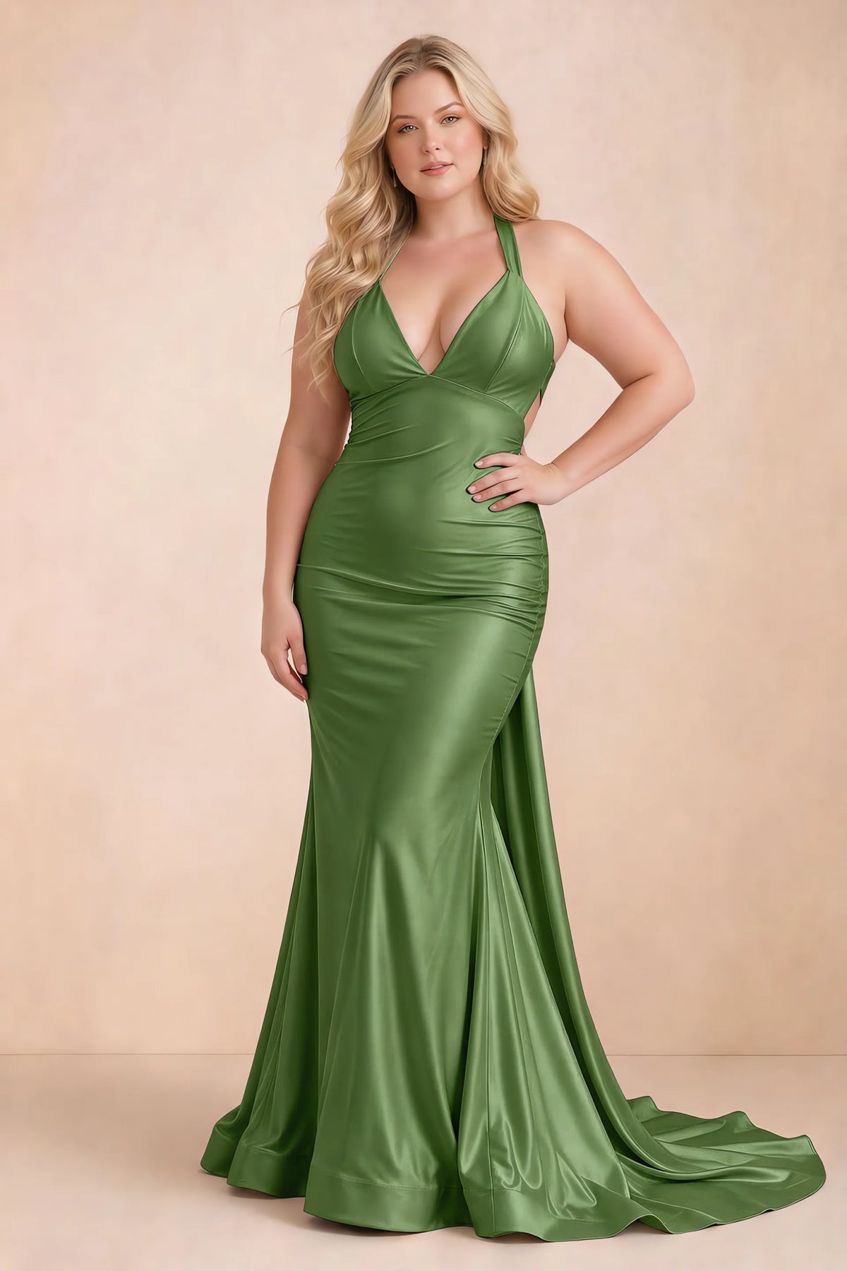 Vestido largo de satén Elodie Basil fruncido con escote en V y corte sirena