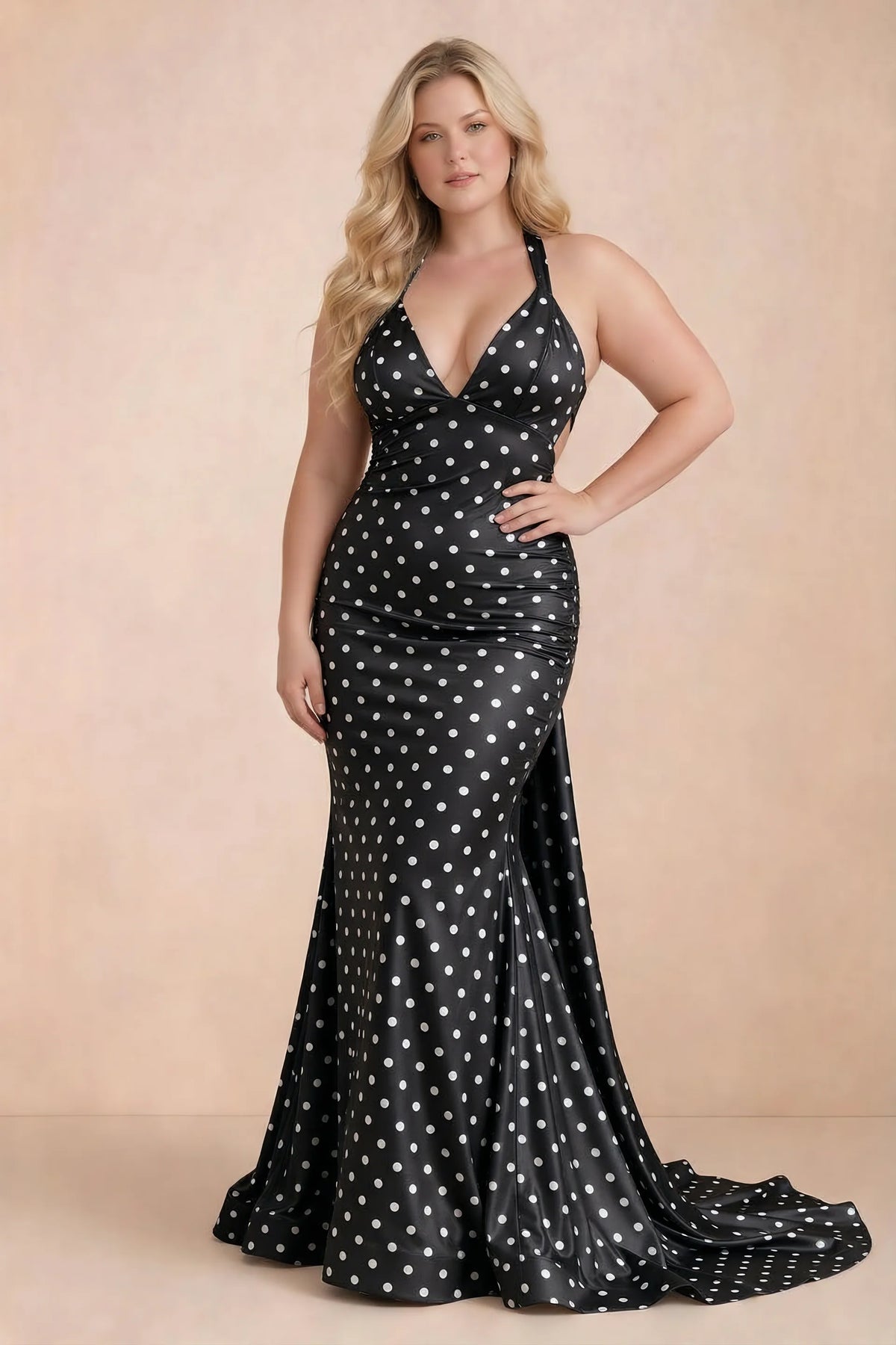 Vestido largo Elodie negro con lunares, fruncido, cuello en V y corte sirena