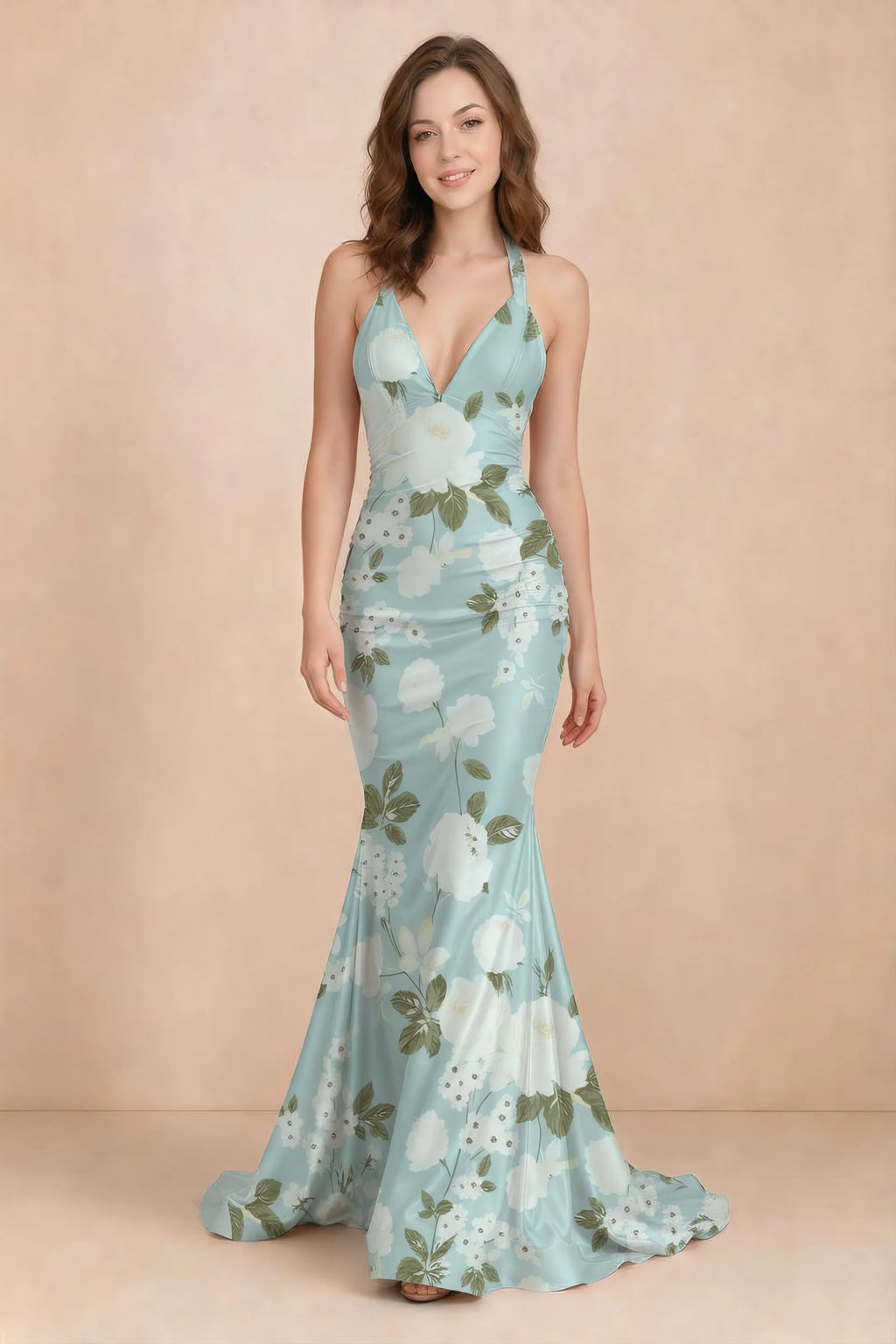 Elodie Blue Floral Ruched V-Neck Mermaid Maxi Dress