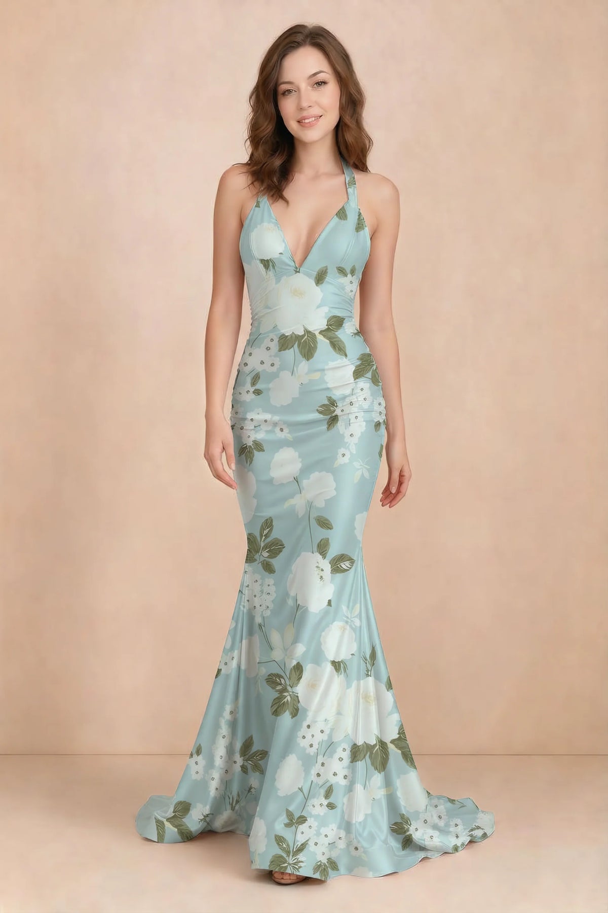 Elodie Blue Floral Ruched V-Neck Mermaid Maxi Dress