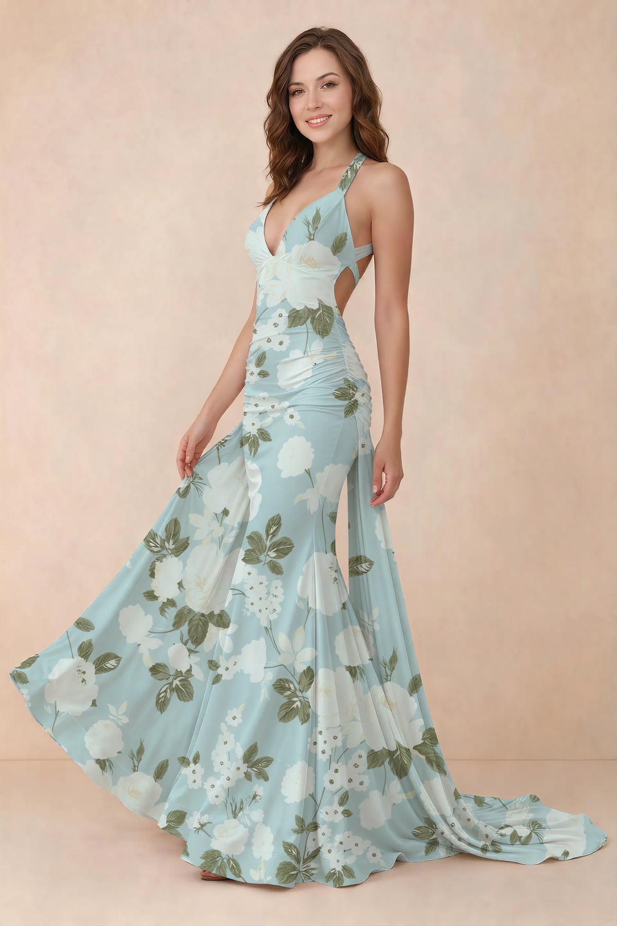Elodie Blue Floral Ruched V-Neck Mermaid Maxi Dress