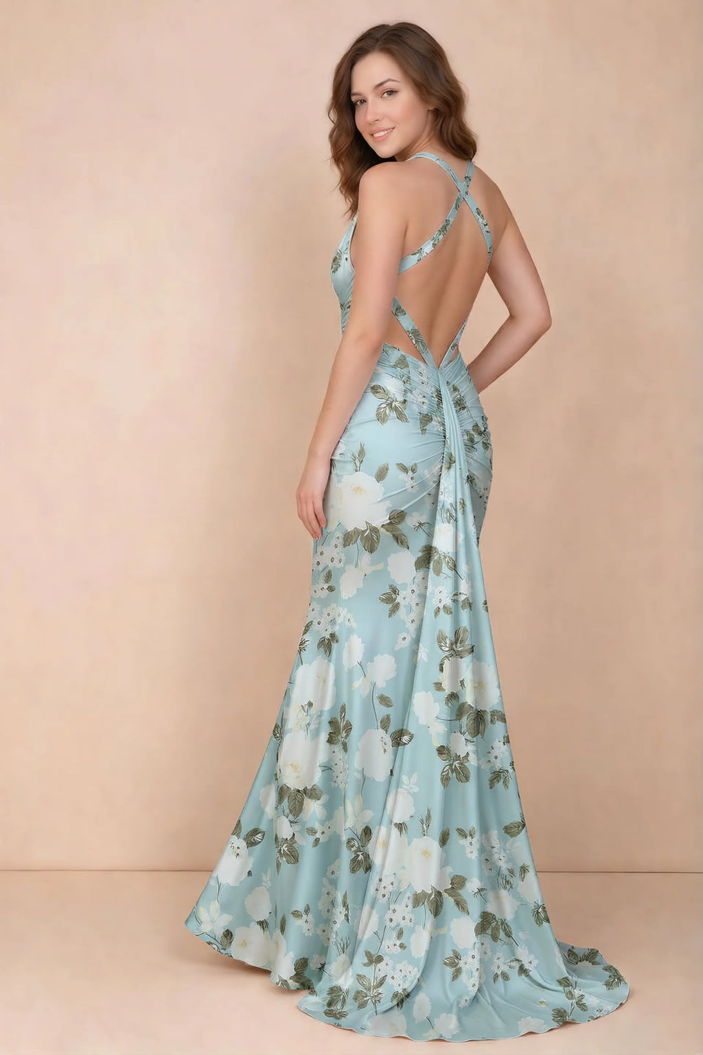 Elodie Blue Floral Ruched V-Neck Mermaid Maxi Dress