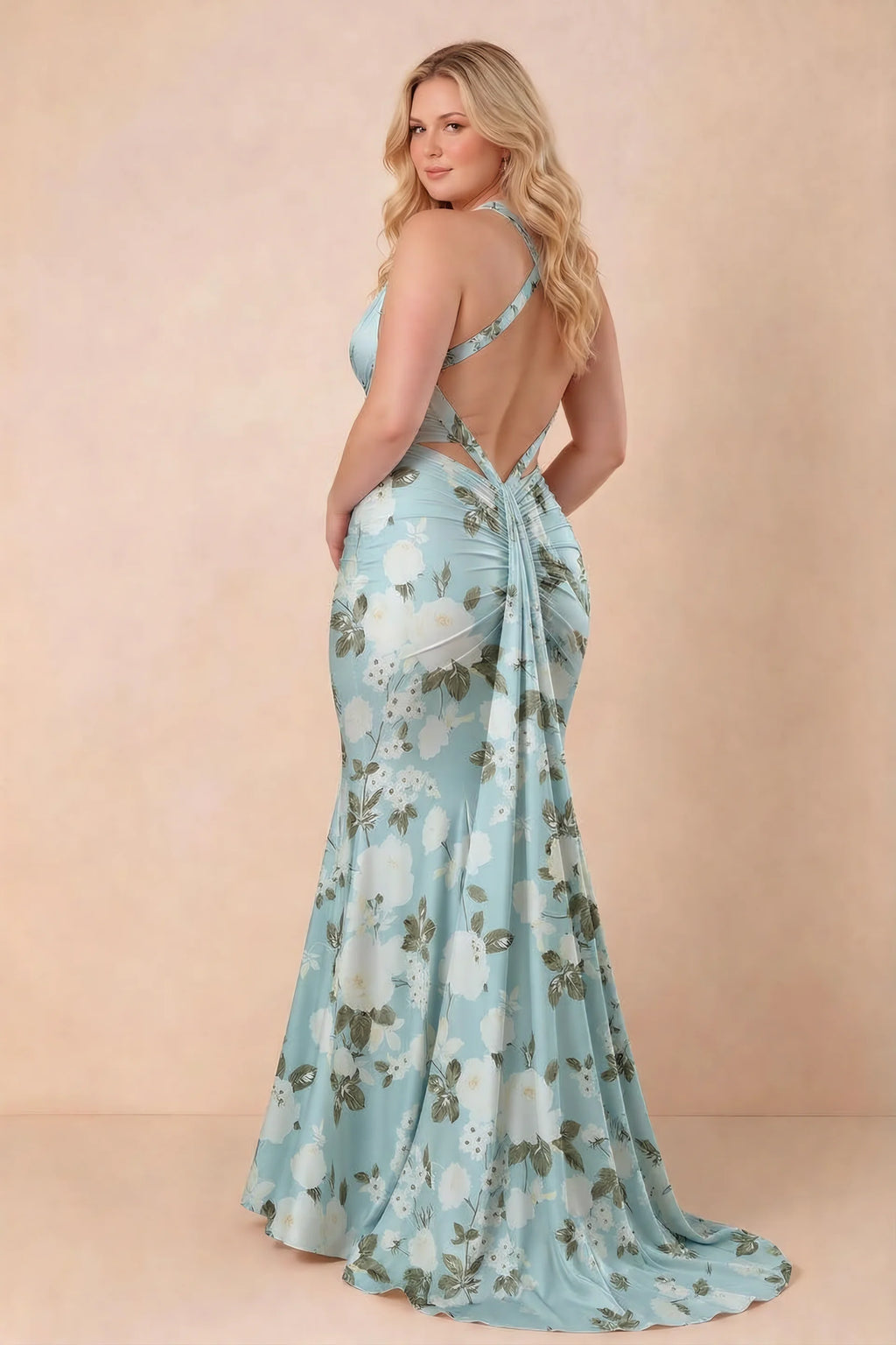 Elodie Blue Floral Ruched V-Neck Mermaid Maxi Dress