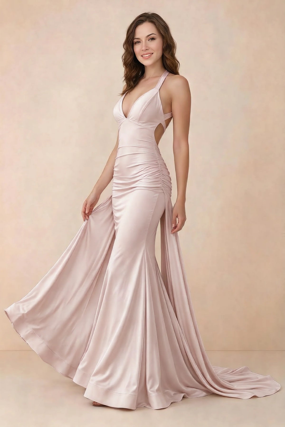 Elodie Blush Satin Ruched V-Neck Mermaid Maxi Dress