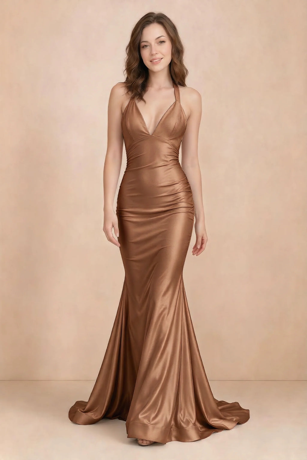 Elodie Bronze Satin Ruched V-Neck Mermaid Maxi Dress