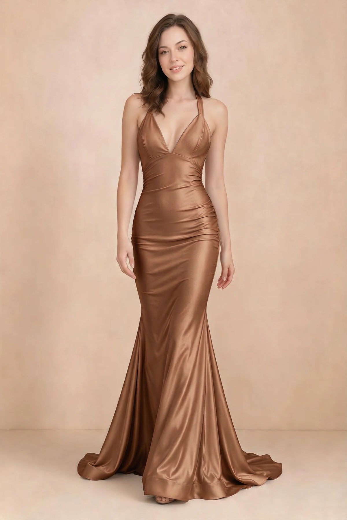 Elodie Bronze Satin Ruched V-Neck Mermaid Maxi Dress