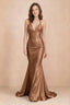 Elodie Bronze Satin Ruched V-Neck Mermaid Maxi Dress