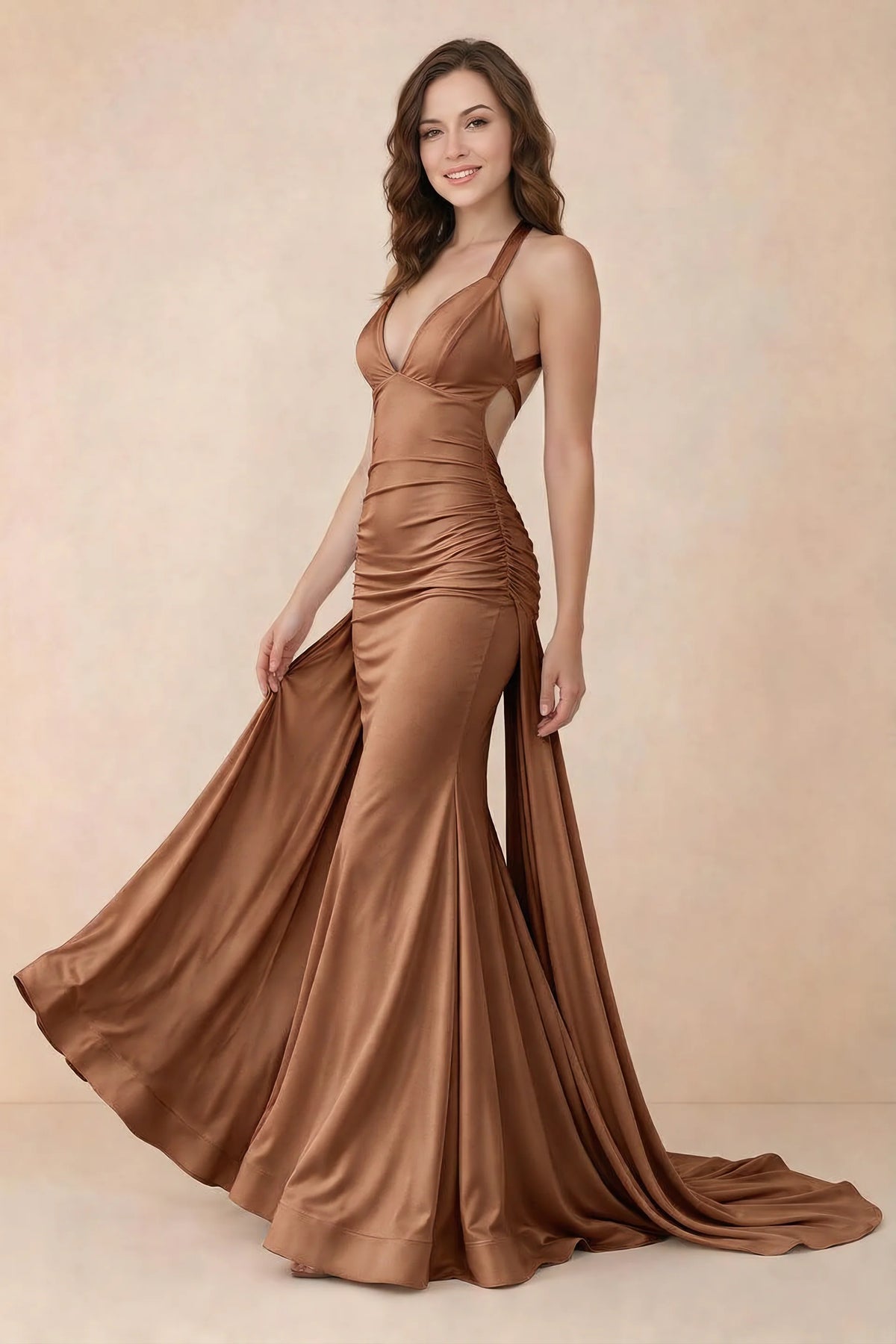Elodie Bronze Satin Ruched V-Neck Mermaid Maxi Dress