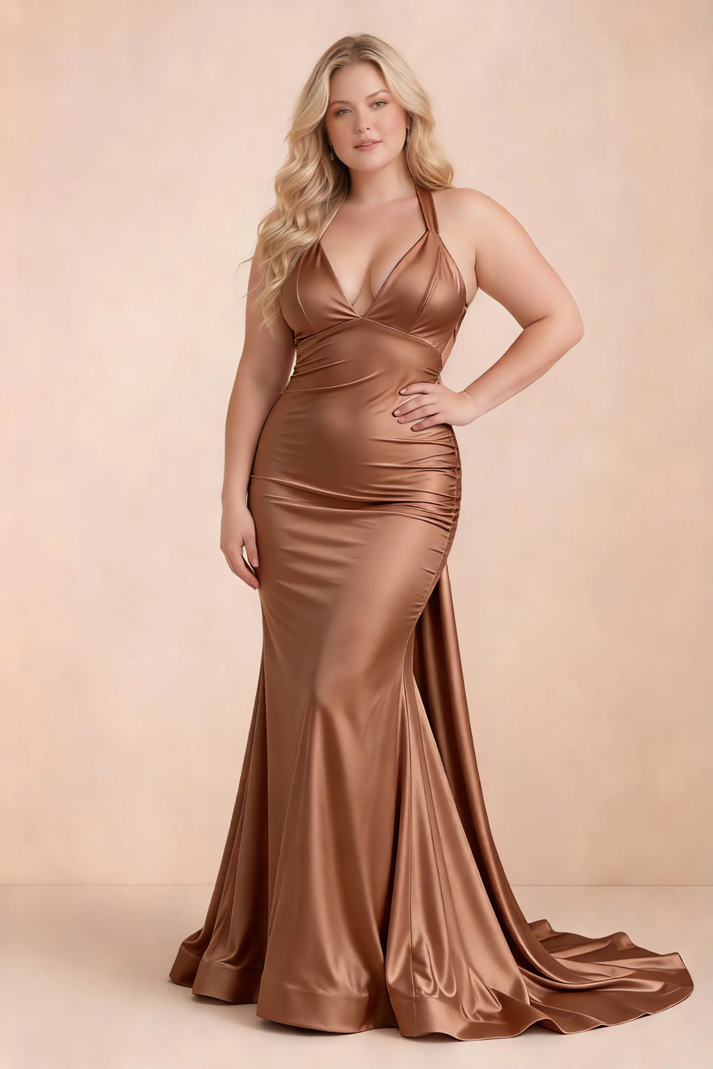 Elodie Bronze Satin Ruched V-Neck Mermaid Maxi Dress