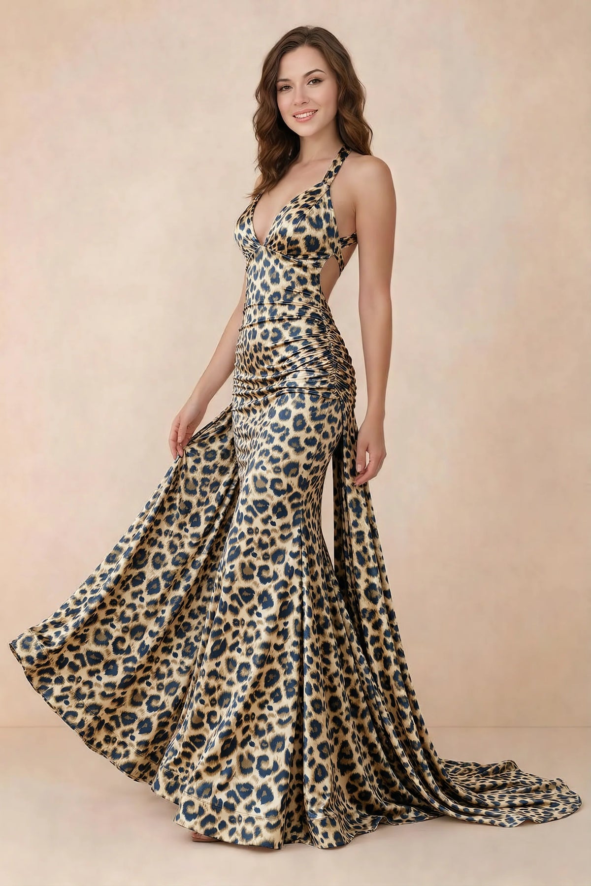 Elodie Brown Leopard Print Ruched V-Neck Mermaid Maxi Dress