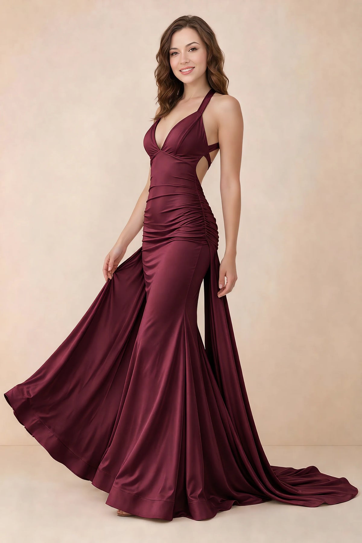 Elodie Burgundy Satin Ruched V-Neck Mermaid Maxi Dress