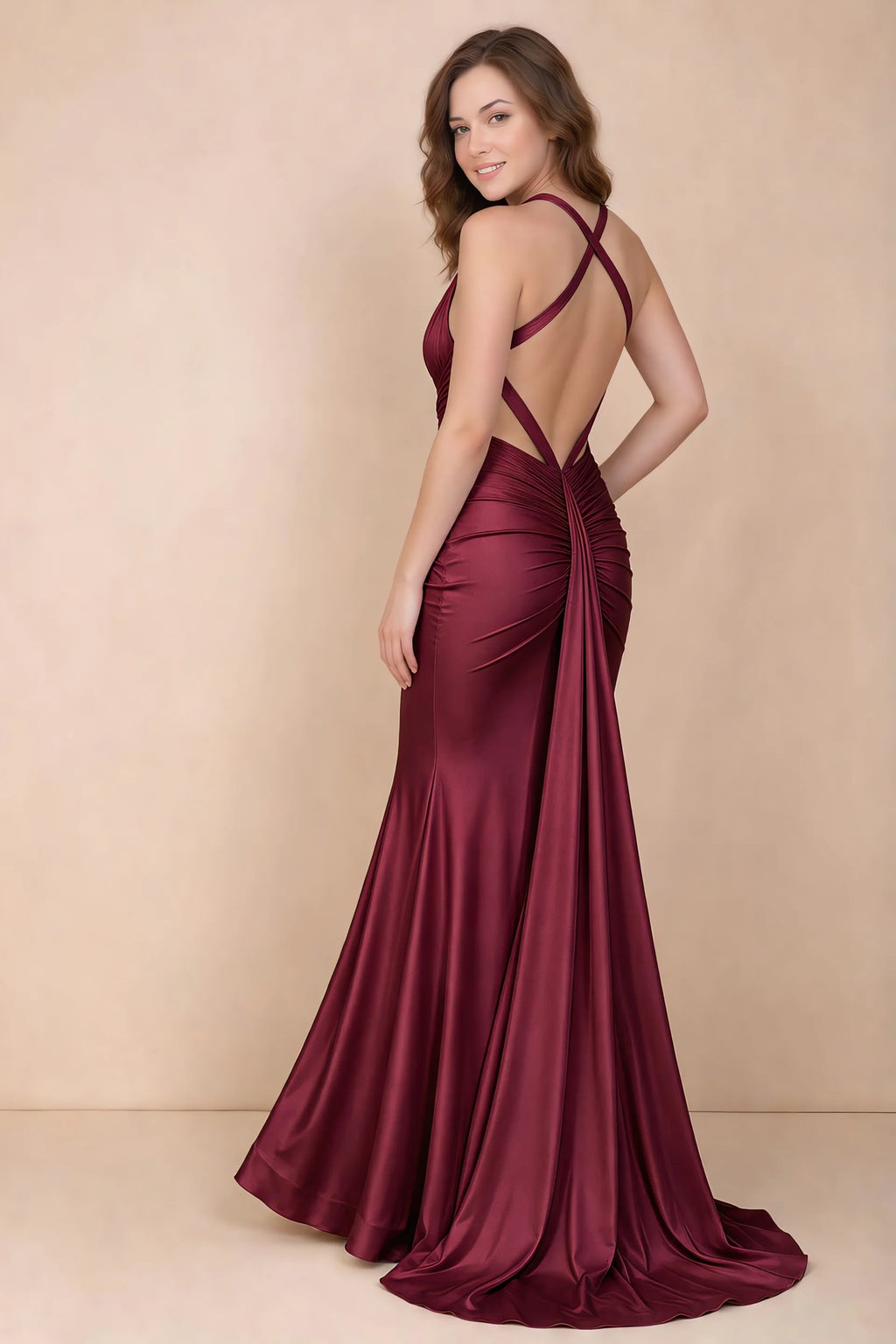 Elodie Burgundy Satin Ruched V-Neck Mermaid Maxi Dress