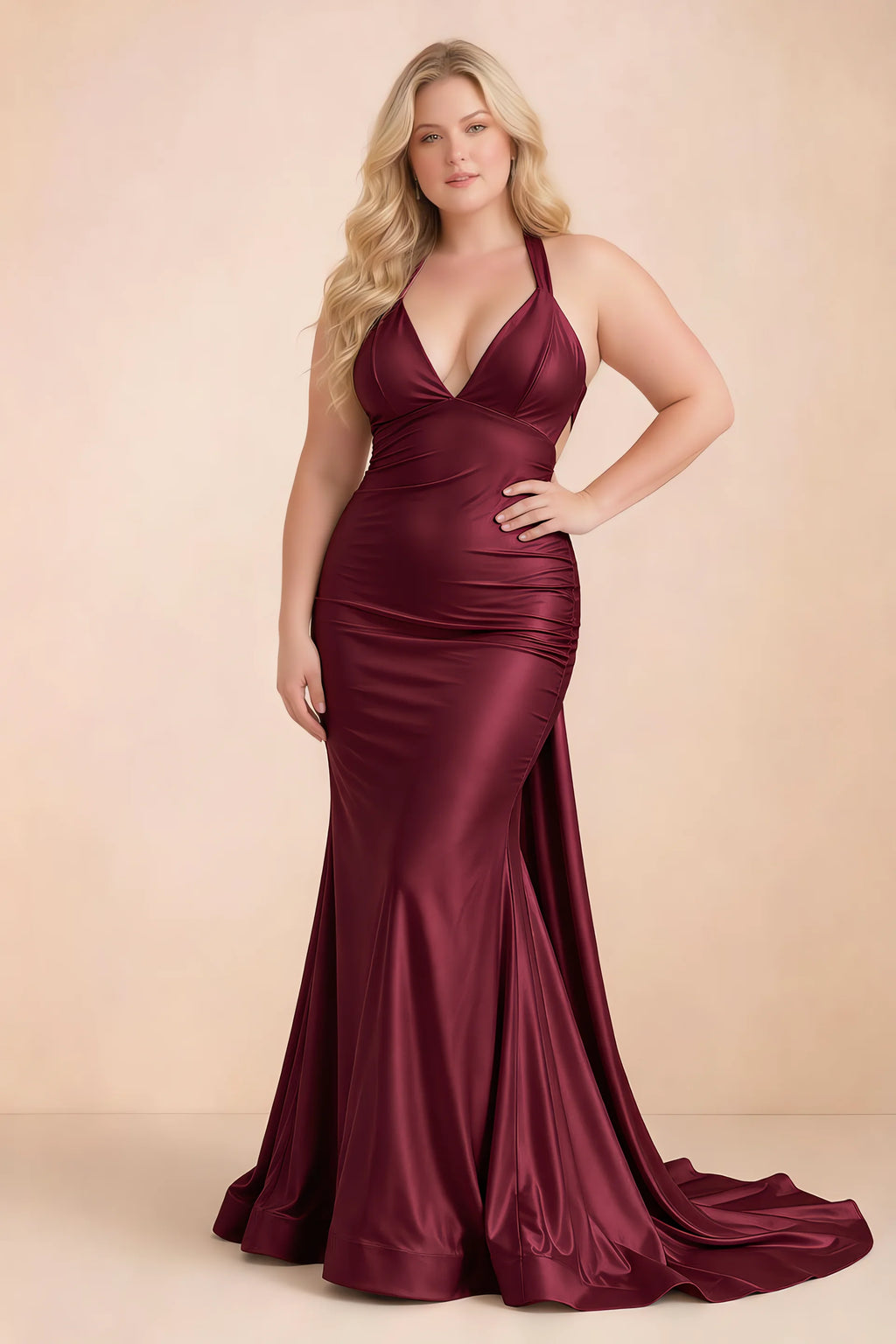 Elodie Burgundy Satin Ruched V-Neck Mermaid Maxi Dress