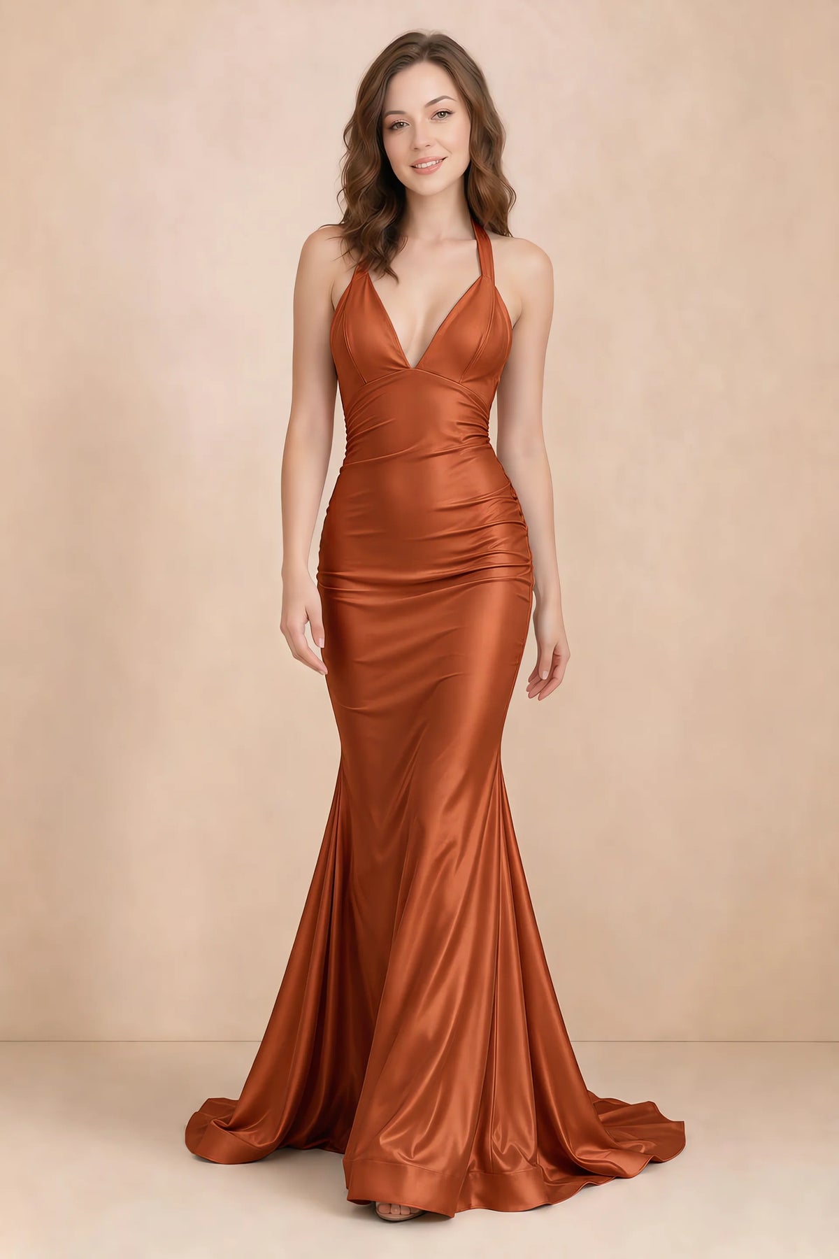 Elodie Burnt Orange Satin Ruched V-Neck Mermaid Maxi Dress