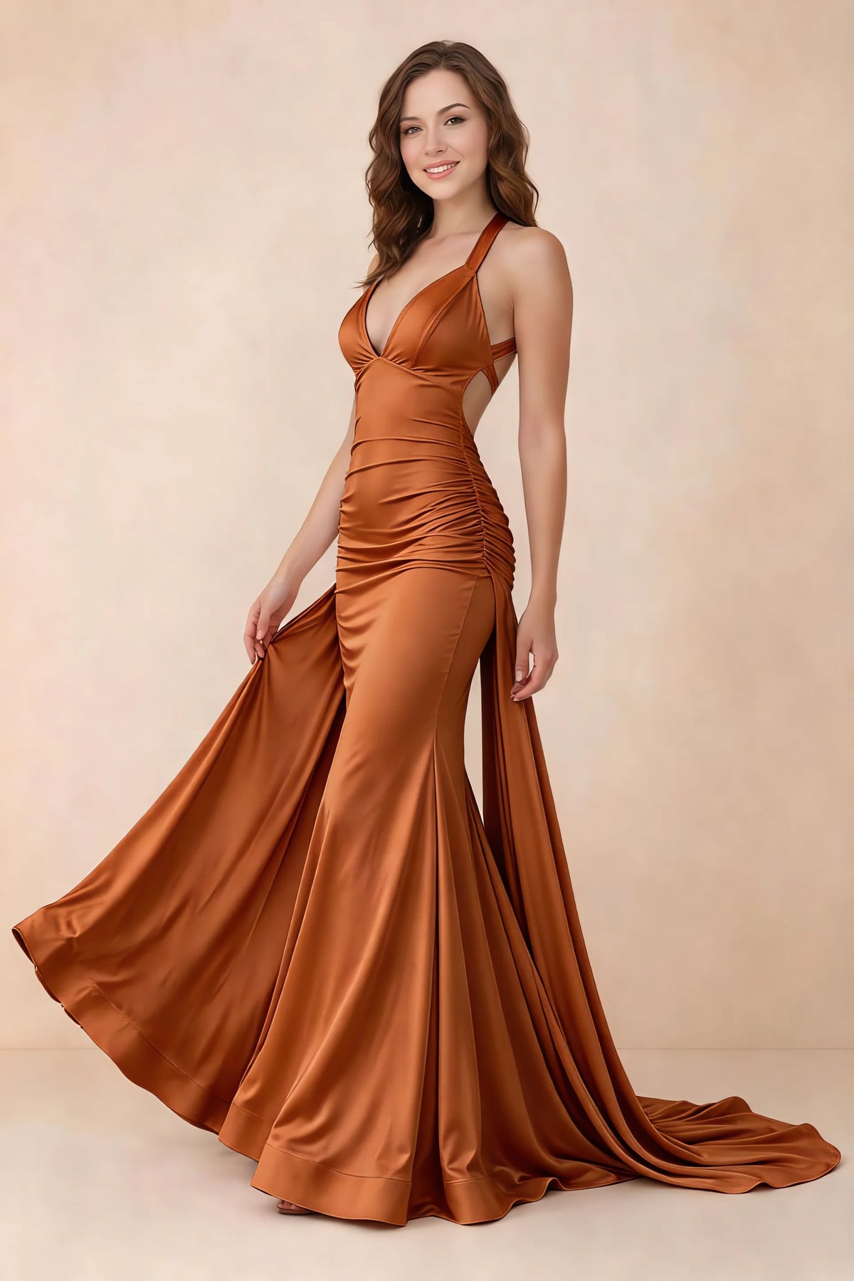 Elodie Burnt Orange Satin Ruched V-Neck Mermaid Maxi Dress