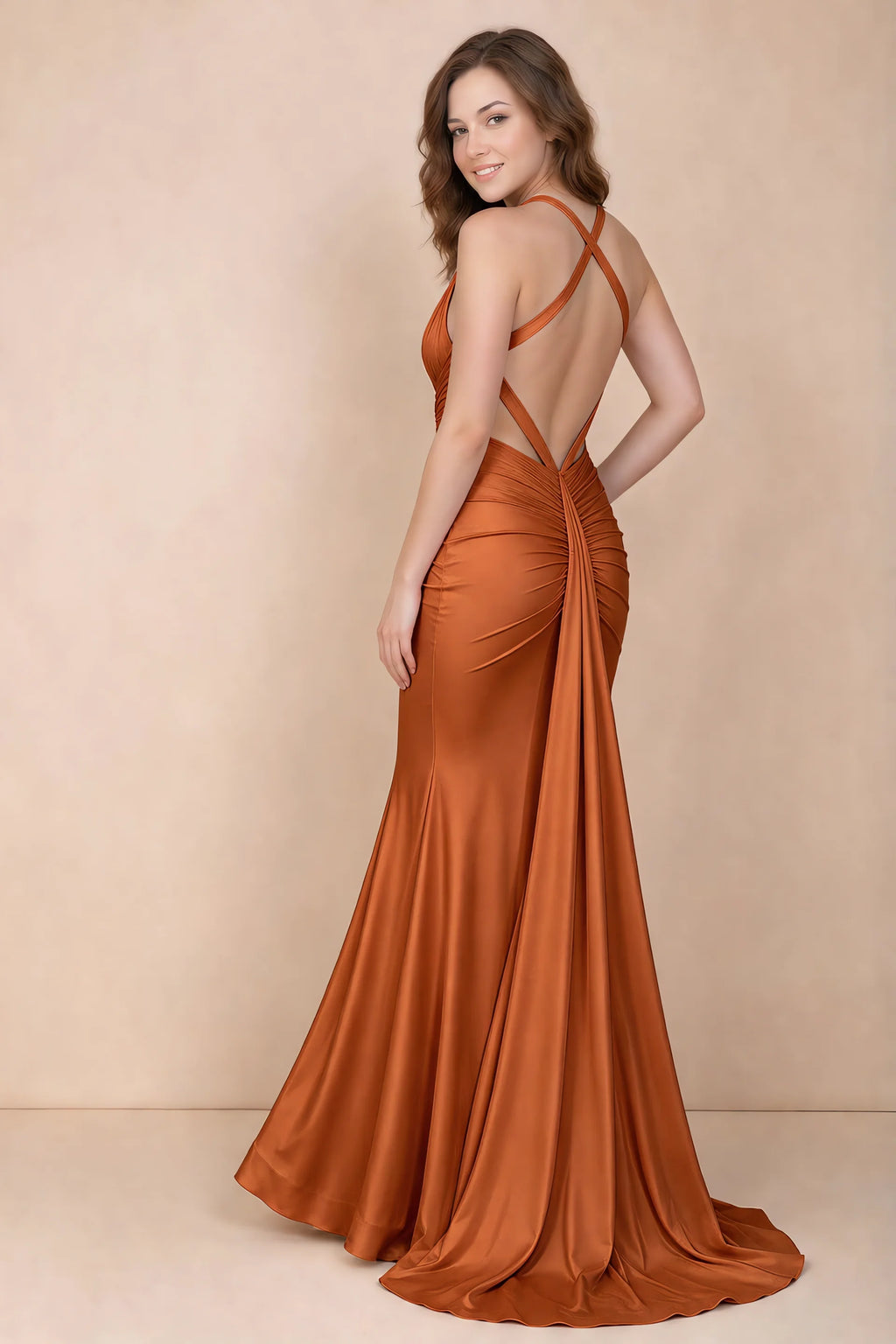 Elodie Burnt Orange Satin Ruched V-Neck Mermaid Maxi Dress