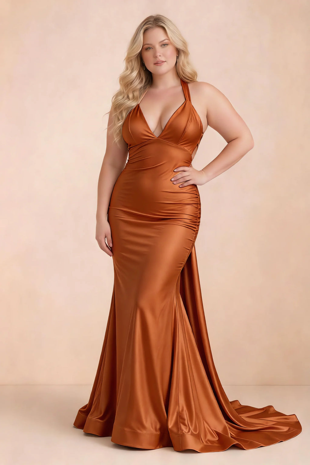 Elodie Burnt Orange Satin Ruched V-Neck Mermaid Maxi Dress