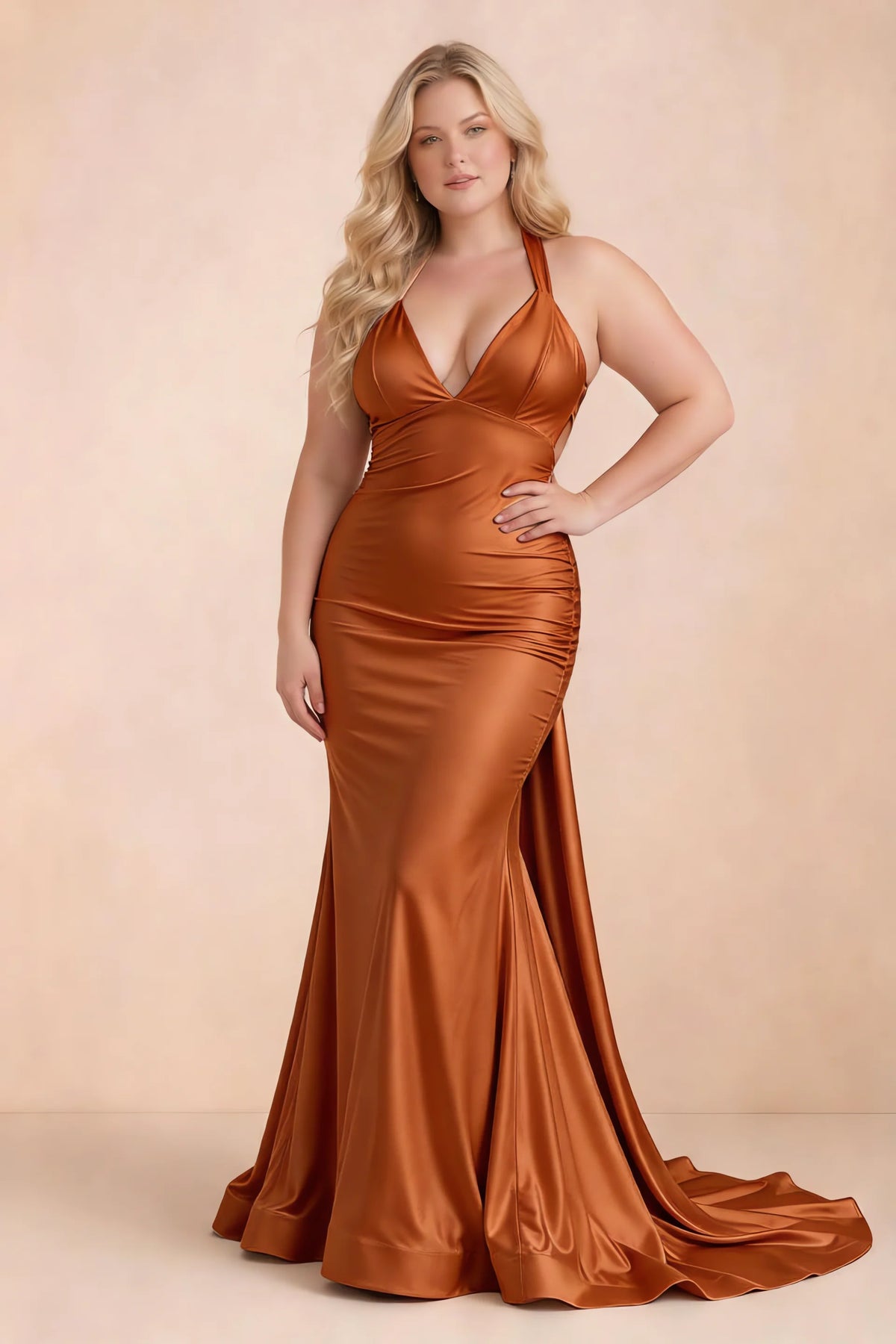 Elodie Burnt Orange Satin Ruched V-Neck Mermaid Maxi Dress
