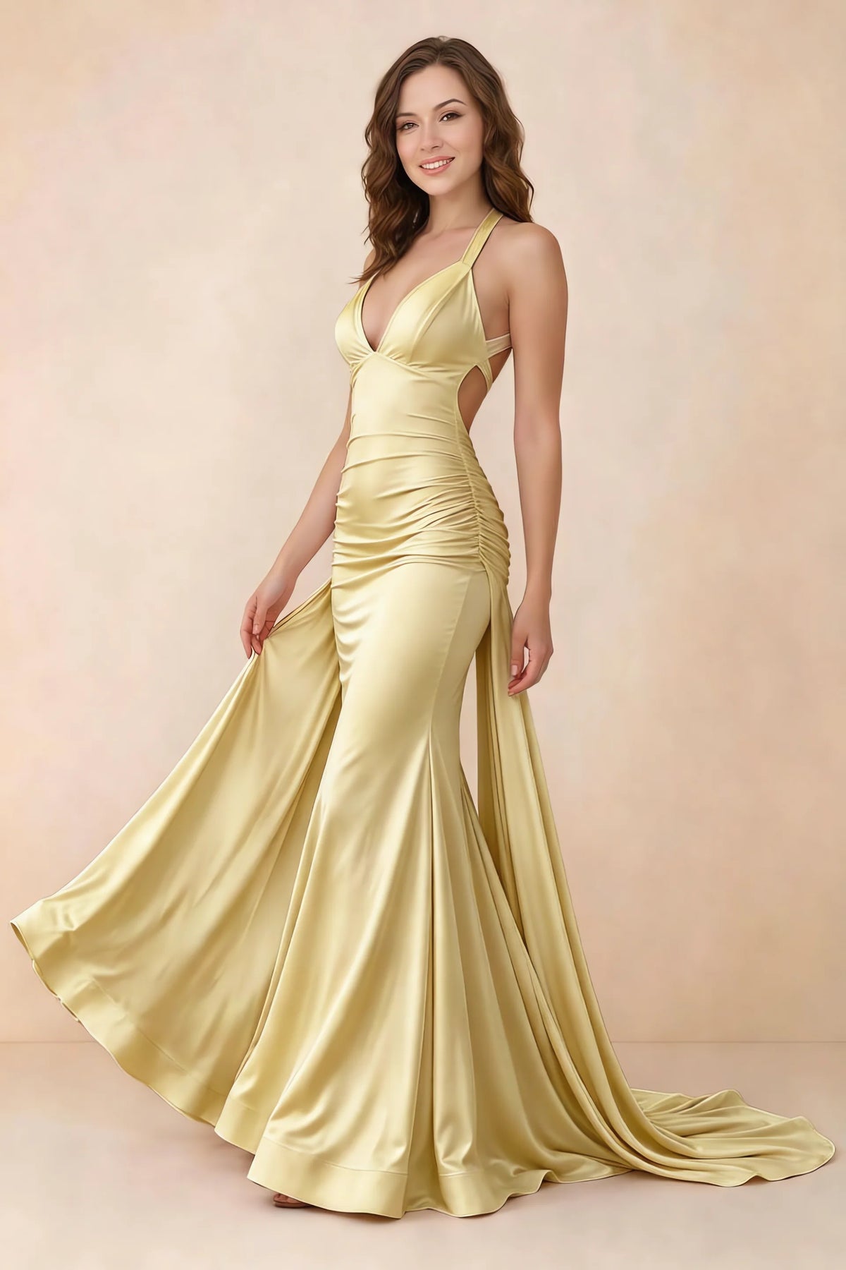 Elodie Canary Satin Ruched V-Neck Mermaid Maxi Dress
