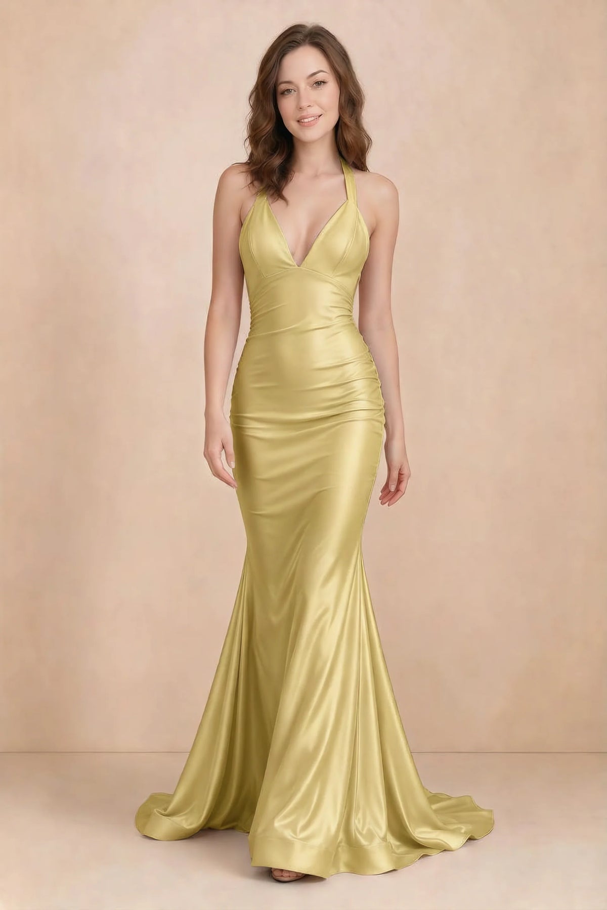 Elodie Canary Satin Ruched V-Neck Mermaid Maxi Dress
