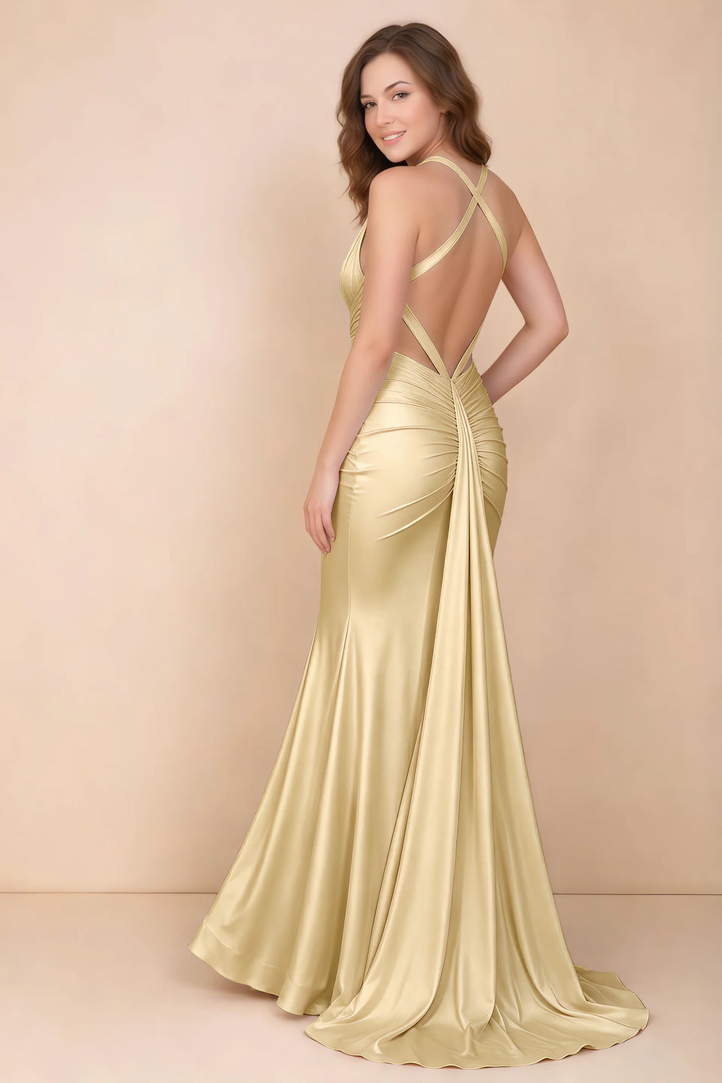 Elodie Canary Satin Ruched V-Neck Mermaid Maxi Dress